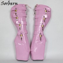 Pink Shiny Ballet Wedge Knee High Women Boots With Locks And Keys Bdsm Booties - £244.37 GBP