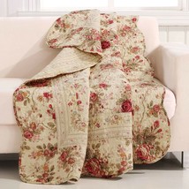 Red Pink Gold Ecru Floral Roses Quilt Throw Blanket in 100% Cotton - $139.95