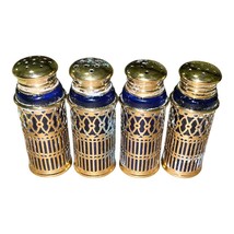 Vintage F.B. Rogers Cobalt Blue & Brass Salt Pepper Shakers Set of 4 w/ Box image 5