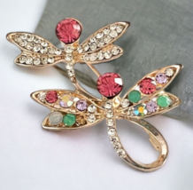 Double Dragonfly Pin Brooch Pink Green Rhinestones Gold Tone Lapel Coat ... - $12.64