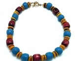 Vintage Blue and Red Wood Bead Necklace 19 1/2&quot; Chunky Runway Showpiece - £7.08 GBP