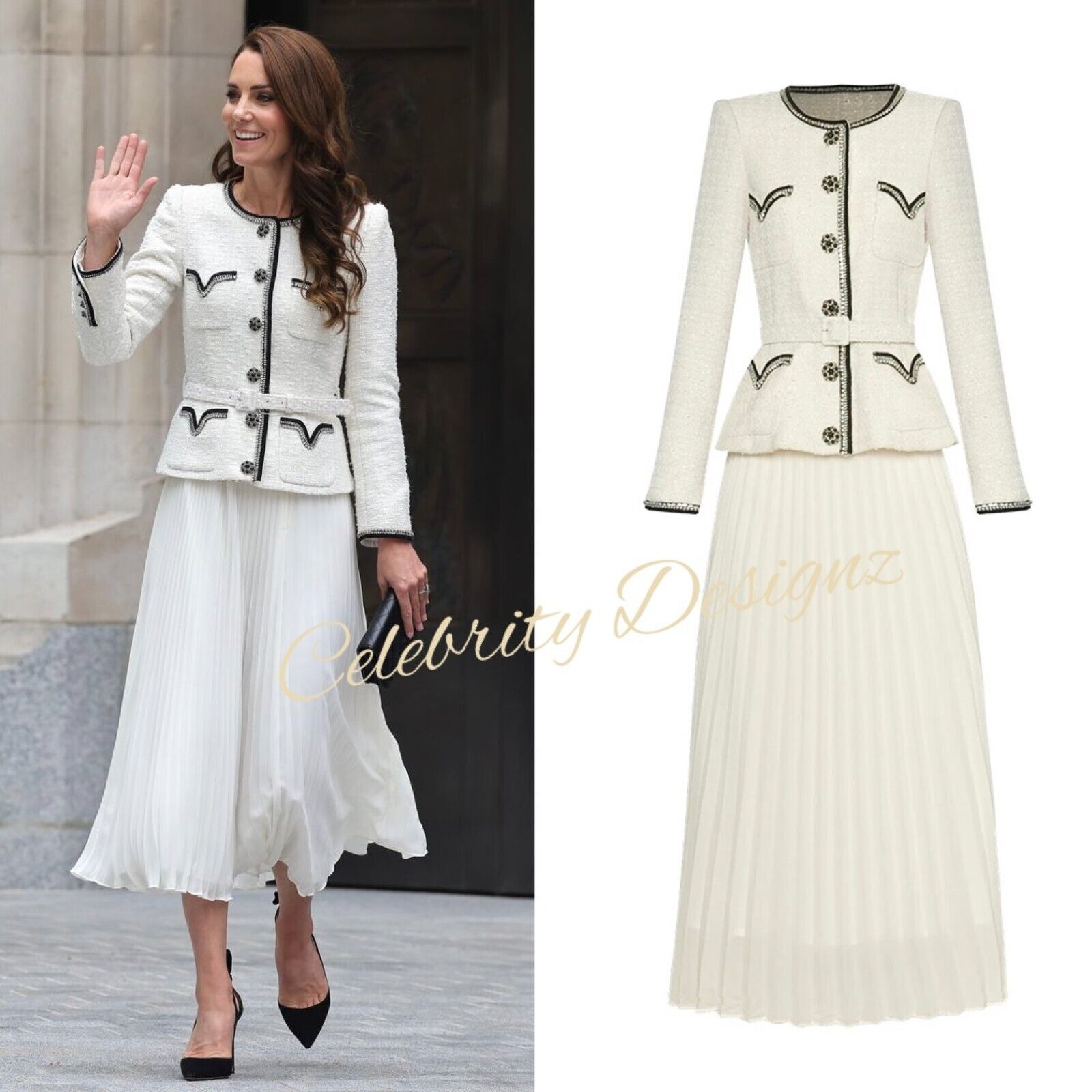 Kate Middleton Inspired Off White Tweed Belted Jacket & Pleated A-line Skirt