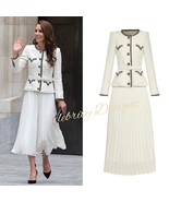 Kate Middleton Inspired Off White Tweed Belted Jacket &amp; Pleated A-line S... - $260.66 CAD