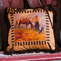 Antiqued Leather, Fringed Pillow, Ladies Of The West Series, 3 Designs 2 Sizes - £227.51 GBP+