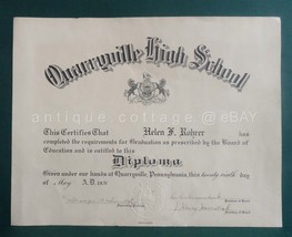 1936 antique HELEN F. ROHRER QUARRYVILLE HIGH SCHOOL pa DIPLOMA - £33.34 GBP