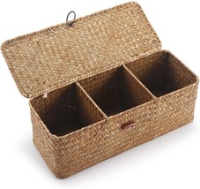 Seagrass Storage Basket With Lid Rectangular Small Woven Shelf Baskets With - £32.12 GBP