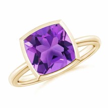 ANGARA Bezel-Set Solitaire Cushion Amethyst Ring for Women in 14K Solid Gold - £765.89 GBP