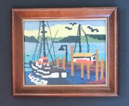 Vintage Framed Finished Yarn Needlework Fishing Boat At Dock Marina Art - £11.13 GBP