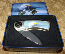 unbranded eagle folding pocketknife in metal tin new - $9.89