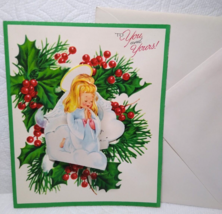 Christmas Greeting Card Angel Poem Diecut Foldout Mid Century Holiday Holly - $21.85