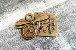 Steampunk Clock Pendant Dragonfly Gears Charm Antiqued Bronze Jewelry Supplies - £3.37 GBP