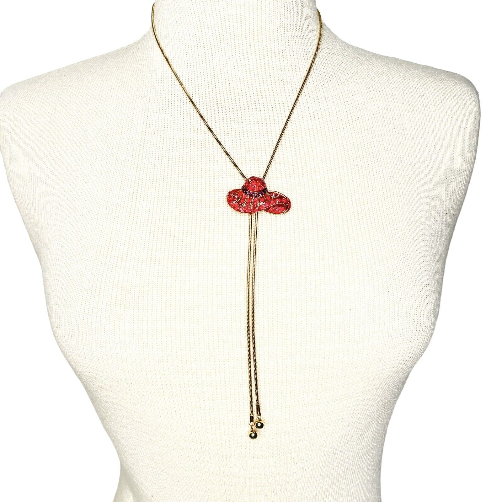 Red Hat Society Necklace 32” Bolo Red Rhinestone Hat Gold Tone Snake Chain - $15.88