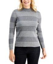 $47 Karen Scott Claire Cotton Striped Ribbed Mock-Neck Sweater Gray Size Medium - £15.93 GBP