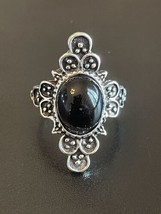 Vintage Black Onyx Stone Silver Plated Woman Statement Ring Size 6 - $11.88