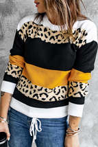 Crewneck Leopard Color Block Knit Pullover Sweater - £25.65 GBP