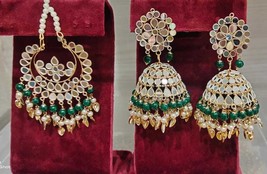 Green Mirror Work Jhumka Jhumki Earrings Bollywood Ethnic Jewelry Set Women - $28.53