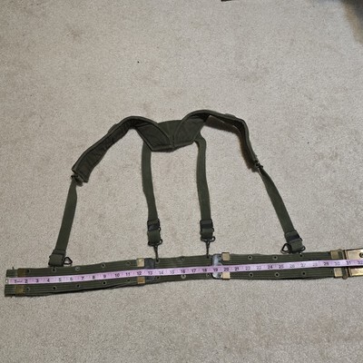 VTG USMC M1956 Horizontal Weave LBE OD Web Belt Size L Suspenders Brass Buckle Item image 6