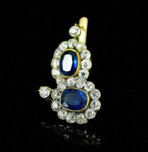2.00ct oval sapphire and diamond antique Russian cluster earrings 925 silver - £78.37 GBP