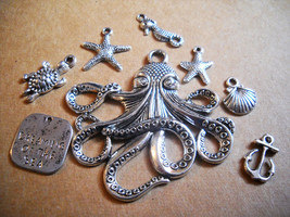 Ocean Charms Set Antiqued Silver Mixed Lot Sea Pendants Octopus Kraken 8pcs - £5.99 GBP