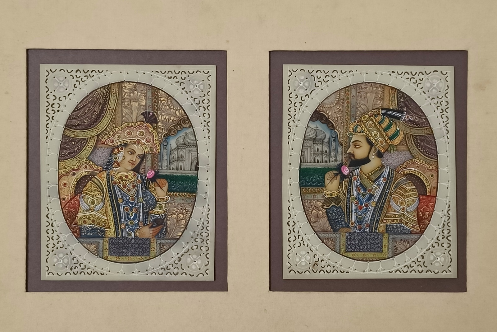 Primary image for Mughal king and queen portrait miniature painting handmade on Faux Ivory 10x5 in