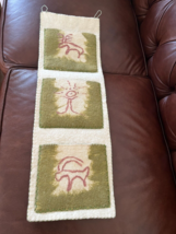 Handmade Boiled Wool Cream W Olive Green Sewn Pockets &amp; Ochre Pteroglyphs Tribal - £18.97 GBP