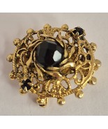 Vintage Gold Tone Black Glass Rhinestone Circular Brooch Signed SANDOR 1&quot; - $845.41 MXN