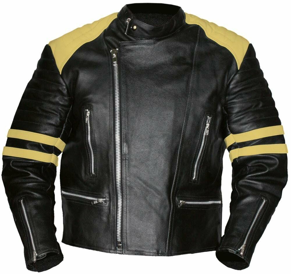 Men Two Tone Colors Black Off White Motor Biker Real Leather Safety Pads Jacket