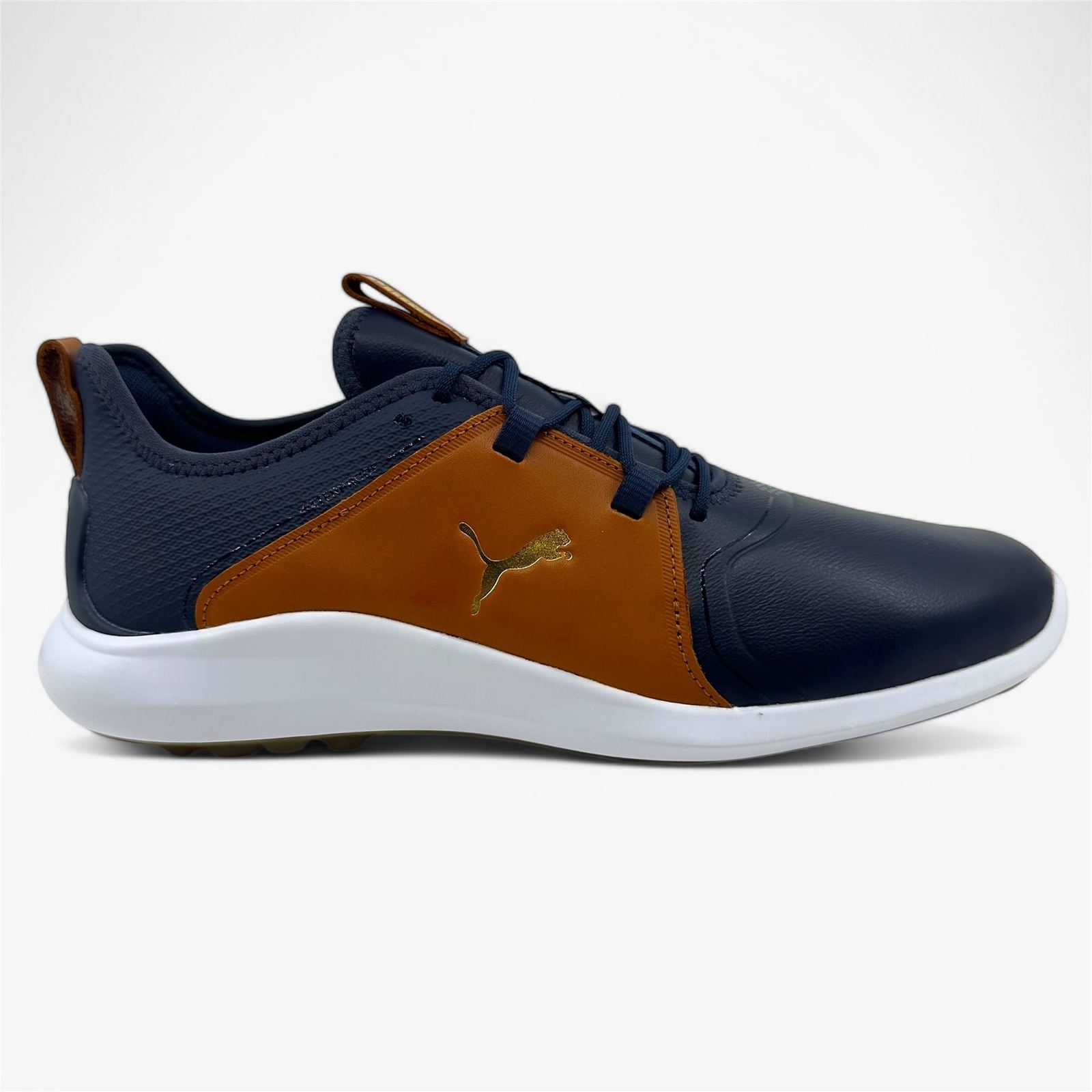 PUMA Ignite Fasten8 Crafted Navy Gold Leather Brown Mens Waterproof Golf... - $69.95