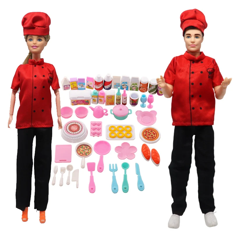 New Clothes for Barbie and Ken Chef Top Pants Hat 3 Pcs Set with 43pcs Kitchen - £8.25 GBP+
