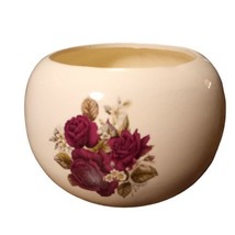 Vtg MCM Art Pottery White Round Sphere Orb Purple Roses Planter Vase 6&quot;Wx4.5&quot;D - £16.11 GBP