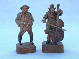 Pair 5&quot; Wood Carving People Figures MR Italy Portly Man Bass Violin Play... - £15.75 GBP