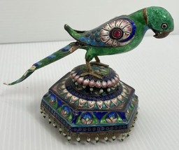Indian enameled silvered metal Parrot 19th century Bird See Tail In Photos - £223.93 GBP