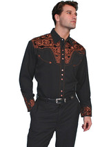 Men&#39;s Western Shirt Long Sleeve Rockabilly Country Cowboy Copper Floral Tooled - £71.95 GBP