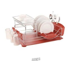 Chrome Steel Dish Drainer Deluxe Red Removable Cutlery Holder 20&#39;&#39;Lx13&#39;&#39;Dx10&#39;&#39;H - £37.96 GBP