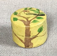 Vintage Boho Lacquered Hand Painted Bird In Tree Yellow Round Trinket Box - £15.69 GBP