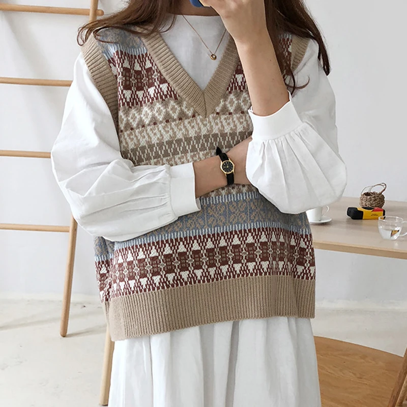 Sleeveless   Vest Women Loose Plaid V-Neck Pullover Vest  Autumn Korean Style Vi - £95.78 GBP