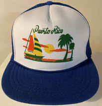 Vintage Puerto Rico Blue Trucker Hat Rope Snapback Boat Palm Tree - £23.80 GBP