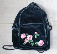 MMS Black Velvet Backpack Bag w Embroidered Roses Gothcore Edgy Punk - £14.01 GBP