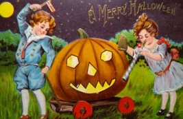 Halloween Postcard Fantasy Victorian Pumpkin Buggy Cart JOL Horn Moon P Sanders - £85.45 GBP