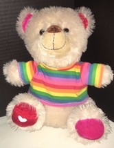 Dandee cream beige teddy bear plush pink ears rainbow shirt ears heart r... - $9.35