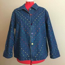 BEDFORD FAIR Embroidered Blue Denim Jacket Button Up Multicolor Polka Do... - £31.38 GBP