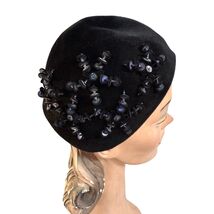 Hattie Carnegie 1950s Womens VTG hat Navy Blue Eclaire Wool Sequin Bead ... - $84.65