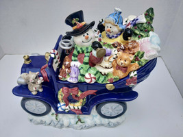 Holiday Ceramic Cookie Jar Snowman Couple in Blue Car Vintage Omni Origi... - $129.99