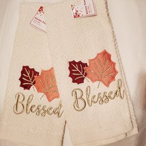 Embroidered Kitchen Towels, set of 2, Blessed, Autumn Leaves, Fall Thanksgiving
