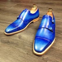 Exceptional Sky Blue Dual Monk Strap Cap Toe Quality Leather Formal Dres... - $159.99