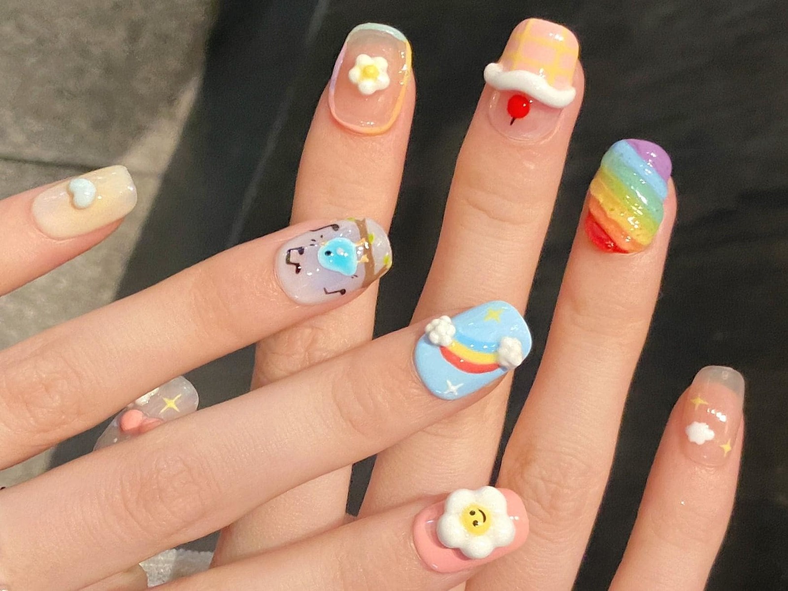 cute 3d nail art press on glue on artificial rainbow kawaii cartoon past... - $23.99