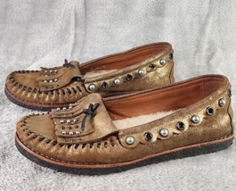 Coach Rexy Roccasin Shoes Womens Size 8.5 Bronze Suede Metallic Beaded Loafers - £26.89 GBP