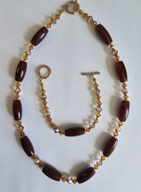 Agate and Gold Crystal Necklace and Bracelet Set Handmade - £19.75 GBP