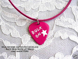New Wild Hot Pink Enamel Guitar Pick W Rock On Text Pendant 18&quot; Pink Necklace - £7.94 GBP