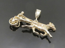 925 Sterling Silver - Vintage Shiny Galloping Horse &amp; Carriage Pendant - PT14727 - £28.54 GBP